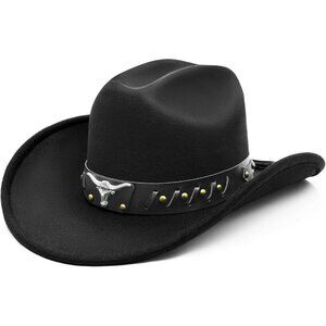 Unisex Black 100% Polyester Western Bull Skull Band Classic Fedora Cowboy Hat